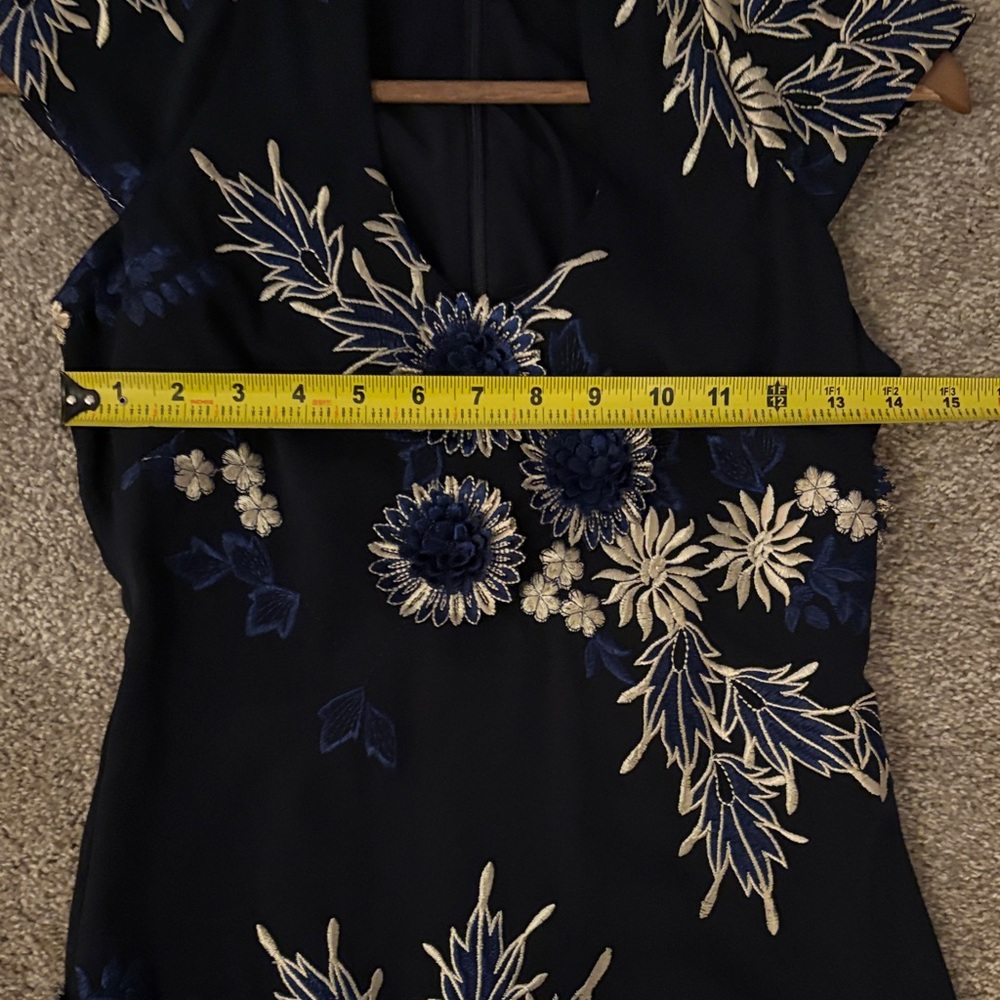 Badgley Mischka Navy Midi Dress with White & Blue Embroidered Floral Print - Picture 12 of 16